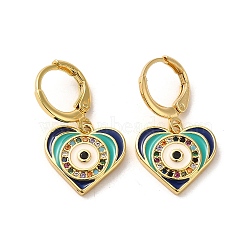 Evil Eye Real 18K Gold Plated Brass Dangle Leverback Earrings, with Enamel and Cubic Zirconia, Heart, 27x15mm(EJEW-Q797-01F-G)