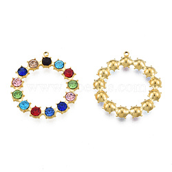 304 Stainless Steel Pendants, with Colorful Rhinestone, Ring, Real 18K Gold Plated, 30x28x4mm, Hole: 1.4mm(STAS-N098-161LG)