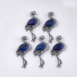Natural Lapis Lazuli Brooches/Pendants, with Alloy Findings, Flamingo Shape, Antique Silver, 83.5x38x12mm, hole: 4x3mm, Pin: 0.7mm(G-S353-06I)