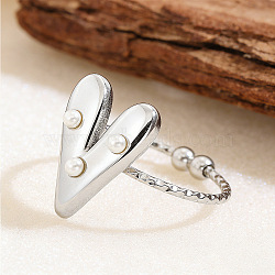 304 Stainless Steel & Plastic Pearl Cuff Open Rings, Heart, Stainless Steel Color, Heart: 15x12mm, Inner Diameter: 18mm(SA-G002-01P)