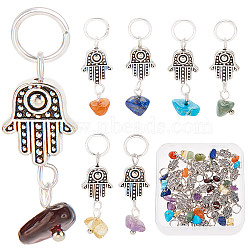 4 Sets 7 Styles Chakra Mixed Stone Chips Alloy Pendants, Religion Hamsa Hand Charm, Mixed Dyed and Undyed, Antique Silver, 26.5~27.5mm, Stone: 6~11x5~7mm, Hand: 11.5x10x3.8mm, Hole: 5.8mm, 1pc/style, 7pcs/set(FIND-CN0001-30)