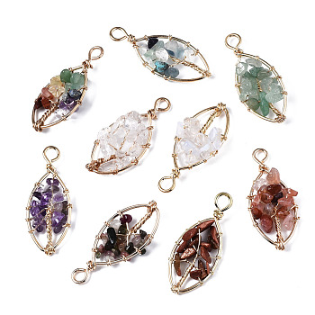 Natural & Synthetic Gemstone Pendants, Golden Tone Brass Wire Wrapped, Tree, Oval, 40.5~44x17.5~19x6~7.5mm, Hole: 4mm