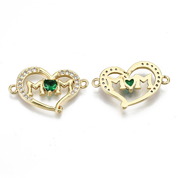 Real 16K Gold Plated Brass Micro Pave Cubic Zirconia Links Connectors, for Mother's Day, Cadmium Free & Nickel Free & Lead Free, Heart with Word Mom, Green, 15x25x3mm, Hole: 1.4mm