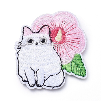 Computerized Embroidery Cloth Iron on/Sew on Patches, Costume Accessories, Appliques, Cat with Flower, Colorful, 58x52x2mm