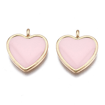 Alloy Pendants, with Enamel, Cadmium Free & Lead Free, Light Gold, Heart, Pink, 17.5x16x3.5mm, Hole: 1.8mm