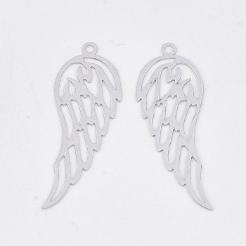Brass Pendants, Etched Metal Embellishments, Long-Lasting Plated, Wing, Platinum, 31.5x11x0.3mm, Hole: 1.2mm
