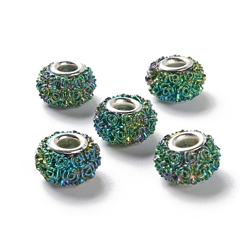AB Color Resin Rose Flower European Beads, Rondelle Large Hole Beads, with Platinum Tone Alloy Double Cores, Sea Green, 14x9mm, Hole: 5mm