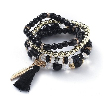 Multi-layered Stretch Bracelets Sets, Stackable Bracelets, with Acrylic Beads, Golden Plated Alloy Findings and Yarn Tassel Pendants, Black, Inner Diameter: 1-7/8~2-1/8 inch(4.9~5.4cm), 4pcs/set