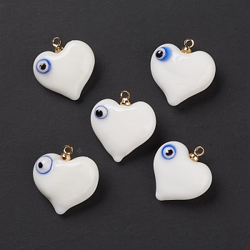 Handmade Evil Eye Lampwork Pendants, with Light Gold Tone Brass Findings, Long-Lasting Plated, Lead Free & Cadmium Free, Heart Charm, White, 19x17.5~18.5x8.5~9mm, Hole: 1.4mm
