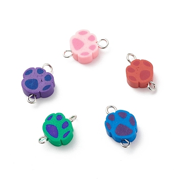Polymer Clay Connector Charms, with Stainless Steel Color Tone 304 Stainless Steel Double Loops, Dog Paw, Mixed Color, 15x9x4mm, Hole: 1.5~2mm