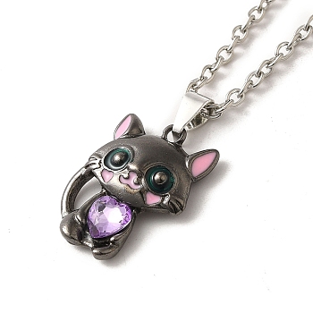 Alloy Rhinestone Cat Pendant Necklace, Alloy Jewelry for Women, Violet, 18.70~19.09 inch(47.5~48.5cm)