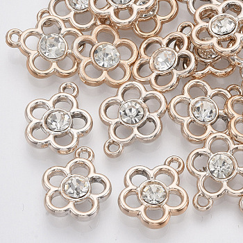 UV Plating ABS Plastic Pendants, with Acrylic, with Crystal Rhinestone, Light Gold, Flower, Clear, 17x15x5mm, Hole: 1.5mm