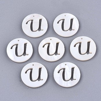 Natural Freshwater Shell Charms, Flat Round with Hollow Out Letter, Letter.U, 14.5x1.5mm, Hole: 0.9mm