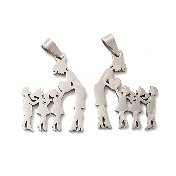Mother's Day/Teachers' Day 201 Stainless Steel Pendants, Mother with Son & Daughter/Teacher with Students Charms, Stainless Steel Color, 26.5x21x1.4mm, Hole: 6.5x3.3mm