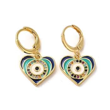 Evil Eye Real 18K Gold Plated Brass Dangle Leverback Earrings, with Enamel and Cubic Zirconia, Heart, 27x15mm