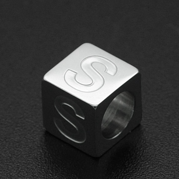 201 Stainless Steel European Beads, Large Hole Beads, Horizontal Hole, Cube, Stainless Steel Color, Letter.S, 7x7x7mm, Hole: 5mm