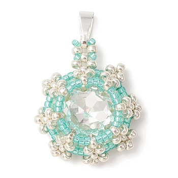 K9 Glass Rhinestone & Seed Beaded Pendants, with Nylon Threads, Flat Round Charms, Turquoise, 25~26x22x7.5mm, Hole: 5x3mm
