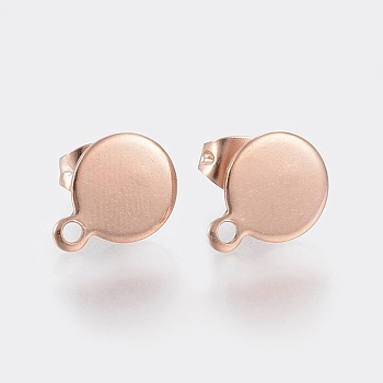 Ion Plating(IP) 304 Stainless Steel Stud Earring Findings, with Loop and Flat Plate, Flat Round, Rose Gold, 12.5x10x0.8~1mm, Hole: 1.5mm, Pin: 0.8mm