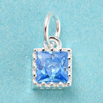 925 Sterling Silver Charms, with Cubic Zirconia, Faceted Square, Silver, Cornflower Blue, 7x5x3mm, Hole: 3mm