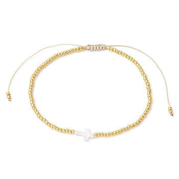 Natural Pearl & Seed Braided Bead Bracelets, Adjustable Bracelet, Cross, Wide: 2~6.5mm, Inner Diameter: 2~3-3/8 inch(5.2~8.7cm)