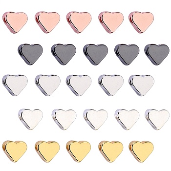 25Pcs 5 Colors Brass Solid Beads, Heart, Mixed Color, 6x7x3.5mm, Hole: 1.5mm, 5pcs/color