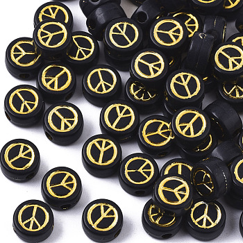 Opaque Acrylic Beads, Flat Round with Peace Sign, Golden Plated, Black, 7x4mm, Hole: 1.6mm, about 3700pcs/500g