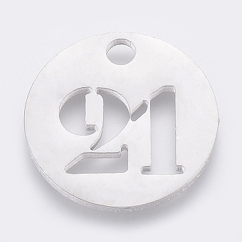 304 Stainless Steel Pendants, Cut-Out, Hollow, Flat Round with Number, Stainless Steel Color, Num.21, 19x1.5mm, Hole: 2.5mm