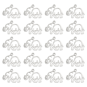 20Pcs 201 Stainless Steel Pendants,  Elephant, Hollow, Stainless Steel Color, 20x16x1mm, Hole: 1.5mm