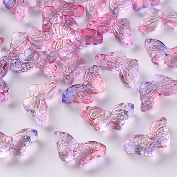 Two Tone Transparent Spray Painted Glass Beads, with Glitter Powder, Butterfly, Flamingo, 8x15x4.5mm, Hole: 1mm