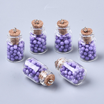 Glass Wishing Bottle Pendant Decorations, with Polystyrene Foam Inside, Cork Stopper and Iron Screw Eye Pin Peg Bails, Medium Purple, 22x15mm, Hole: 2mm