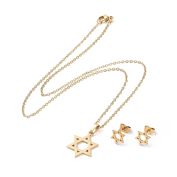 304 Stainless Steel Star of David Stud Earrings and Pendant Necklace, Jewelry Set for Women, Golden, 17.45inch(45cm), 9.5x8x1mm, Pin: 0.8mm