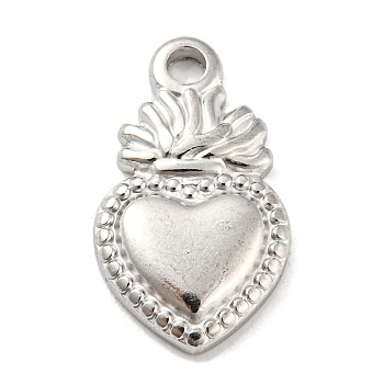 304 Stainless Steel Pendants, Sacred Heart Charm, Stainless Steel Color, 22x12.5x2.5mm, Hole: 3mm
