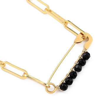 Natural Black Agate Pendant Necklaces, with 201 Stainless Steel Safety Pins and Brass Paperclip Chain, Golden, 16.85 inch(42.8cm) 