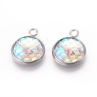 Stainless Steel Color Seashell Flat Round Stainless Steel+Resin Pendants