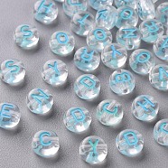 Transparent Clear Acrylic Beads, Horizontal Hole, Flat Round with Random Letter, Sky Blue, 7x4mm, Hole: 1.6mm, about 3700pcs/500g(MACR-N008-44F)