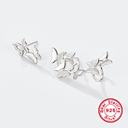 Butterfly Rhodium Plated 925 Sterling Silver Stud Earrings with Ear Cuff, Asymmetrical Earrings, with 925 Stamp, Platinum, 16~35x12~16mm(EO1060-1)
