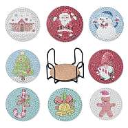 DIY Christmas Theme Diamond Painting Coaster Kits, Including Acrylic Cup Mat, Cork Mat, Iron Coaster Stand, Resin Rhinestones, Pen, Tray Plate and Glue Clay, Colorful, 100mm, 8pcs/set(XMAS-PW0001-159A)