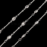 Brass Horse Eye Link Chains, with Clear Cubic Zirconia Beaded, Unwelded, with Spool, Silver, 14x4.5x2mm(CHC-M025-36S)