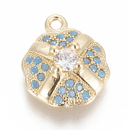 Brass Micro Pave Cubic Zirconia Charms, Flower, Golden, Sky Blue & Cleart, 12x10x4.5mm, Hole: 1.2mm(ZIRC-F102-07A)