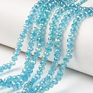 Electroplate Transparent Glass Beads Strands, Full Rainbow Plated, Faceted, Rondelle, Cyan, 4x3mm, Hole: 0.4mm, about 123~127pcs/strand, 16.5~16.9 inch(42~43cm)(EGLA-A034-T4mm-T09)