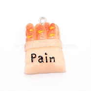 Resin Pendants, with Platinum Plated Iron Loops, Imitation Food, Imitation Food, Bread with Word Pain, Orange, 30x21x8mm, Hole: 2mm(RESI-TAC0003-07A)