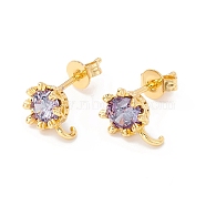 Rack Plating Brass Cubic Zirconia Stud Earrings Findings, Real 18K Gold Plated, with Hook, Cadmium Free & Lead Free, Crown, Purple, 9x7mm, Hole: 1.6mm, Pin: 1mm(MAK-I684-11G-01-RS)