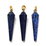 Natural Lapis Lazuli Pointed Pendants, Dyed, Faceted Cone Charms with Golden Plated Barss Snap on Bails, 35~35.5x8~8.5mm, Hole: 6.5x4mm(G-D089-01G-04)