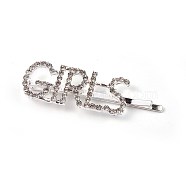 Alloy Rhinestone Hair Bobby Pins, with Iron Findings, Word GIRLS, Crystal, Platinum, 62.5x19x7mm(PHAR-WH0005-A12)