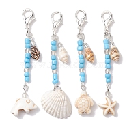 4Pcs Shell Pendant Decorations, with Glass Beads, Synthetic Turquoise Beads and Zinc Alloy Lobster Claw Clasps, Seashell Color, 78~80mm, 4pcs/set(HJEW-MZ00049)