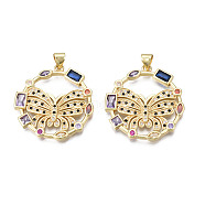Brass Micro Pave Cubic Zirconia Pendants, with Brass Snap on Bails, Nickel Free, Real 18K Gold Plated, Ring with Butterfly, Colorful, 29x28x3mm, Hole: 3x5mm(ZIRC-N039-219)