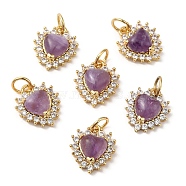 Natural Amethyst Heart Charms, with Rack Plating Brass Micro Pave Clear Cubic Zirconia Findings and Jump Ring, Cadmium Free & Lead Free, Real 18K Gold Plated, 12.5x11x5mm, Hole: 3.5mm(G-A034-02G-02)