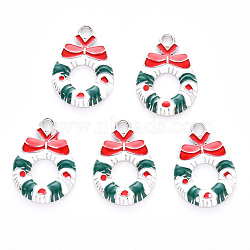 Alloy Enamel Pendants, for Christmas, Christmas Wreath with Bowknot, Platinum, Colorful, 23x16x3mm, Hole: 2mm(ENAM-S121-009-P)