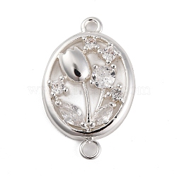 Brass Pave Clear Cubic Zirconia Connector Charms, Oval with Flower Links, 925 Sterling Silver Plated, 25x16x5mm, Hole: 1.8mm(KK-Z066-10S)