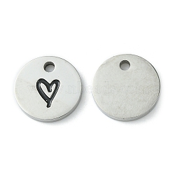 304 Stainless Steel Manual Polishing Charms, with Enamel, Flat Round with Heart, Stainless Steel Color, 14x2mm, Hole: 2mm(STAS-C075-17P)